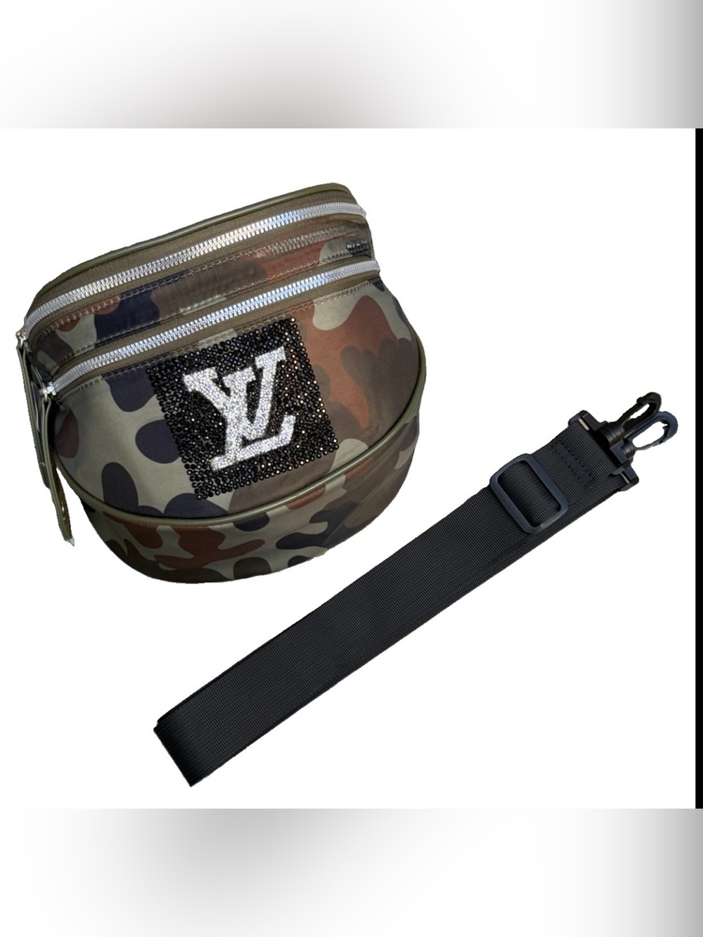 New Handmade Camouflage Bum Bag / Crossbody Bag Embellished Logo Panel - Green - Picture 6 of 7